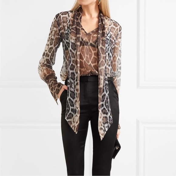 Equipment Animal Print Sheer Silk Blouse with Neck Tie Black, Gray, Tan, Small - Picture 1 of 3